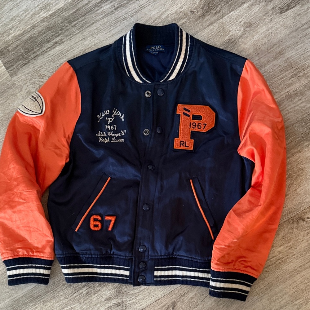 Polo by Ralph Lauren Navy and Orange Letterman Bomber Jacket - Picture 2 of 6